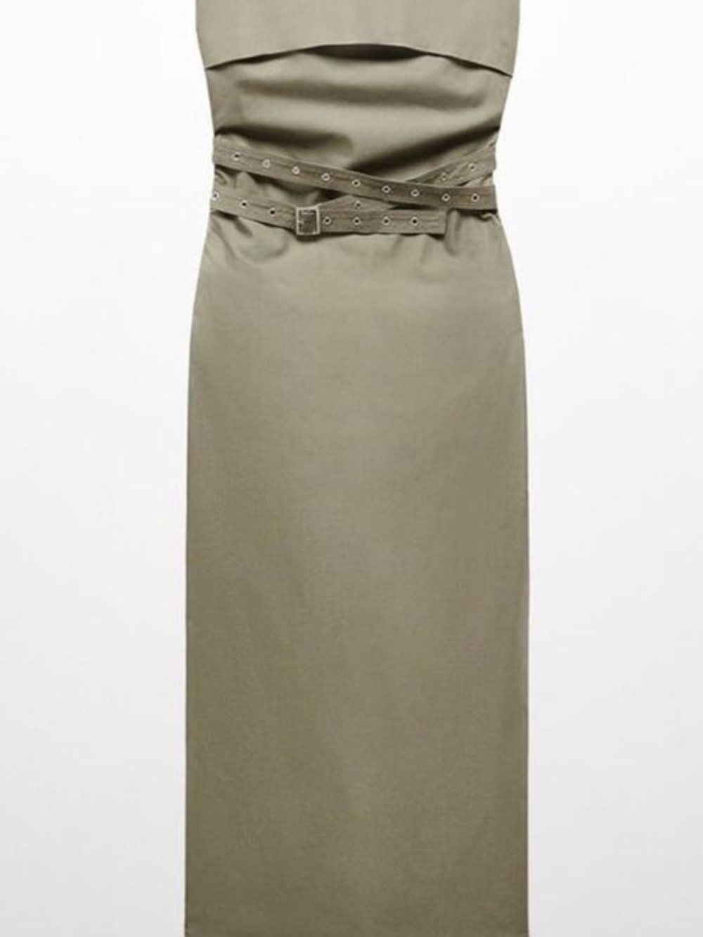 Mango Strapless Olive Green Midi Dress with Double Belt